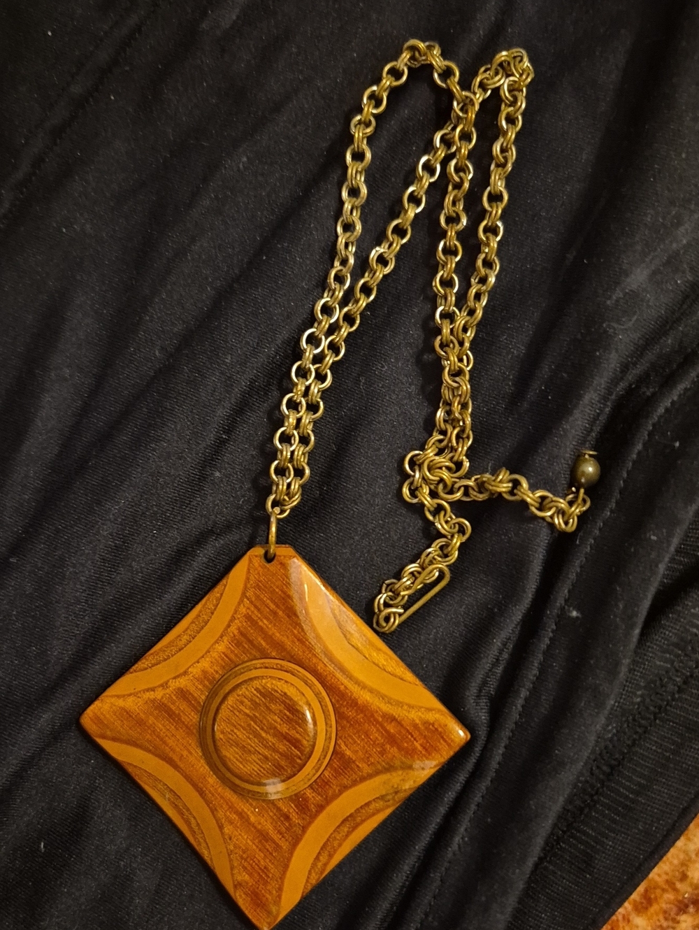 Vintage 1970s Boho Carved Wood Diamond Pendant Mid-Century Geometric Necklace